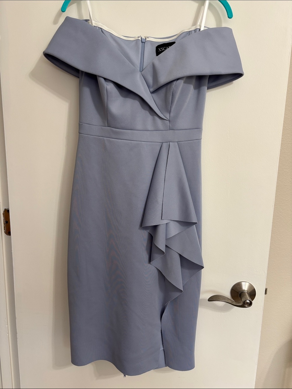 Xscape Off Shoulder Lavender Ruffle Sheath Dress